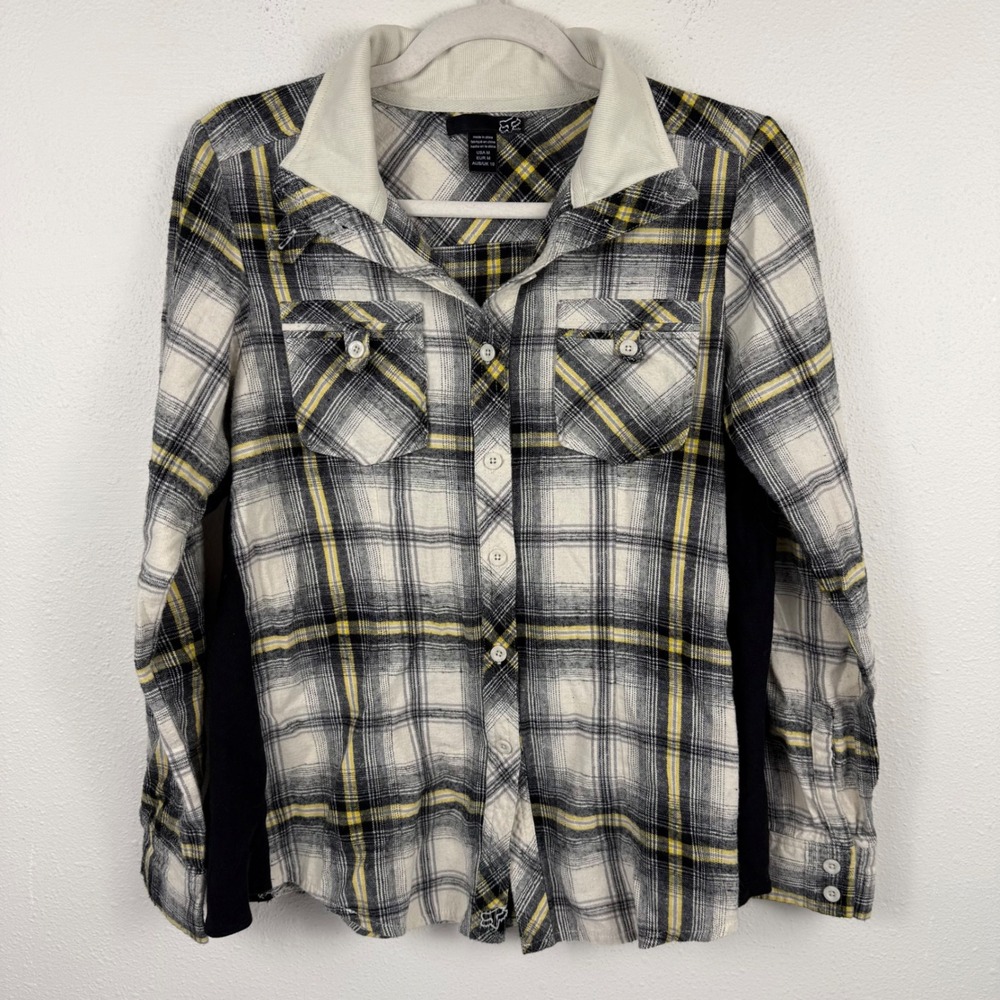 Fox Racing Mens Plaid Flannel Button Down Shirt White Yellow‎ Black Size M Patch
